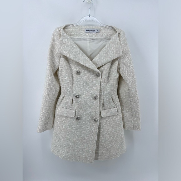 Self-Portrait Cream off white Metallic Boucle Mini Jacket Dress Size UK 10 US 6 - Picture 6 of 16